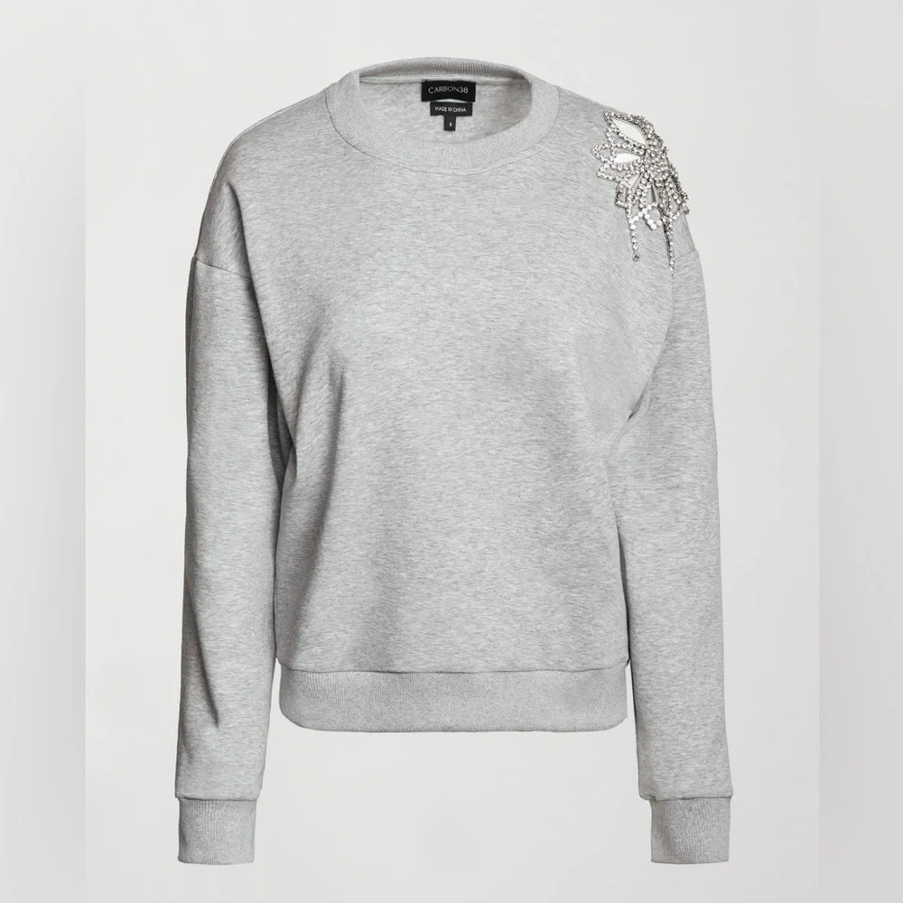 Carbon38 Rhinestone cut out Gray Sweatshirt with Embellished Shoulder - Picture 9 of 16
